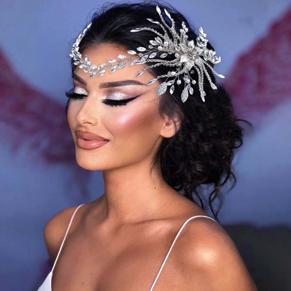 NEW Bridal crystal floral Large Flower forehead jewelry hair comb wedding